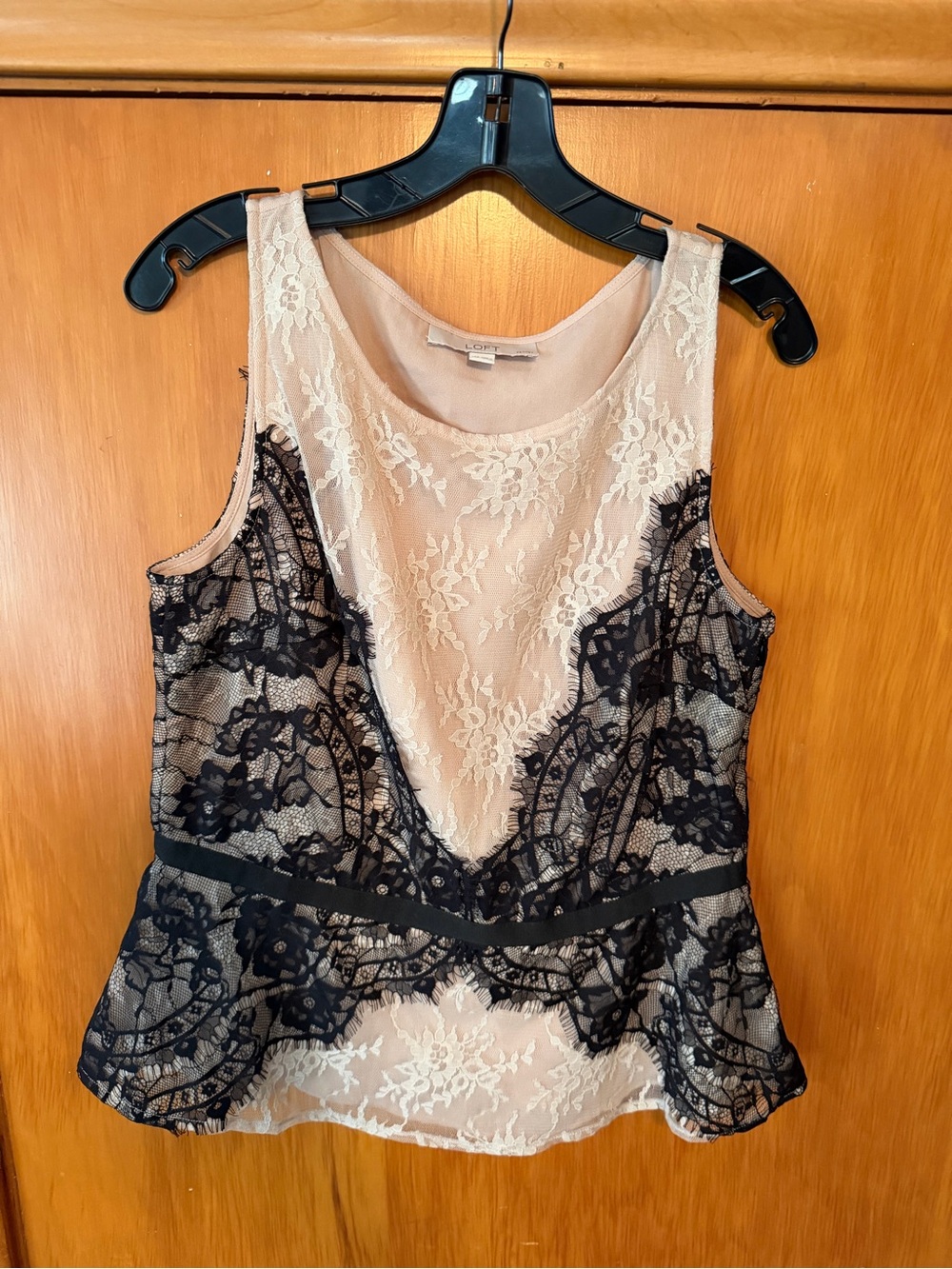 LOFT Blush Camisole with Black Lace Overlay Peplum